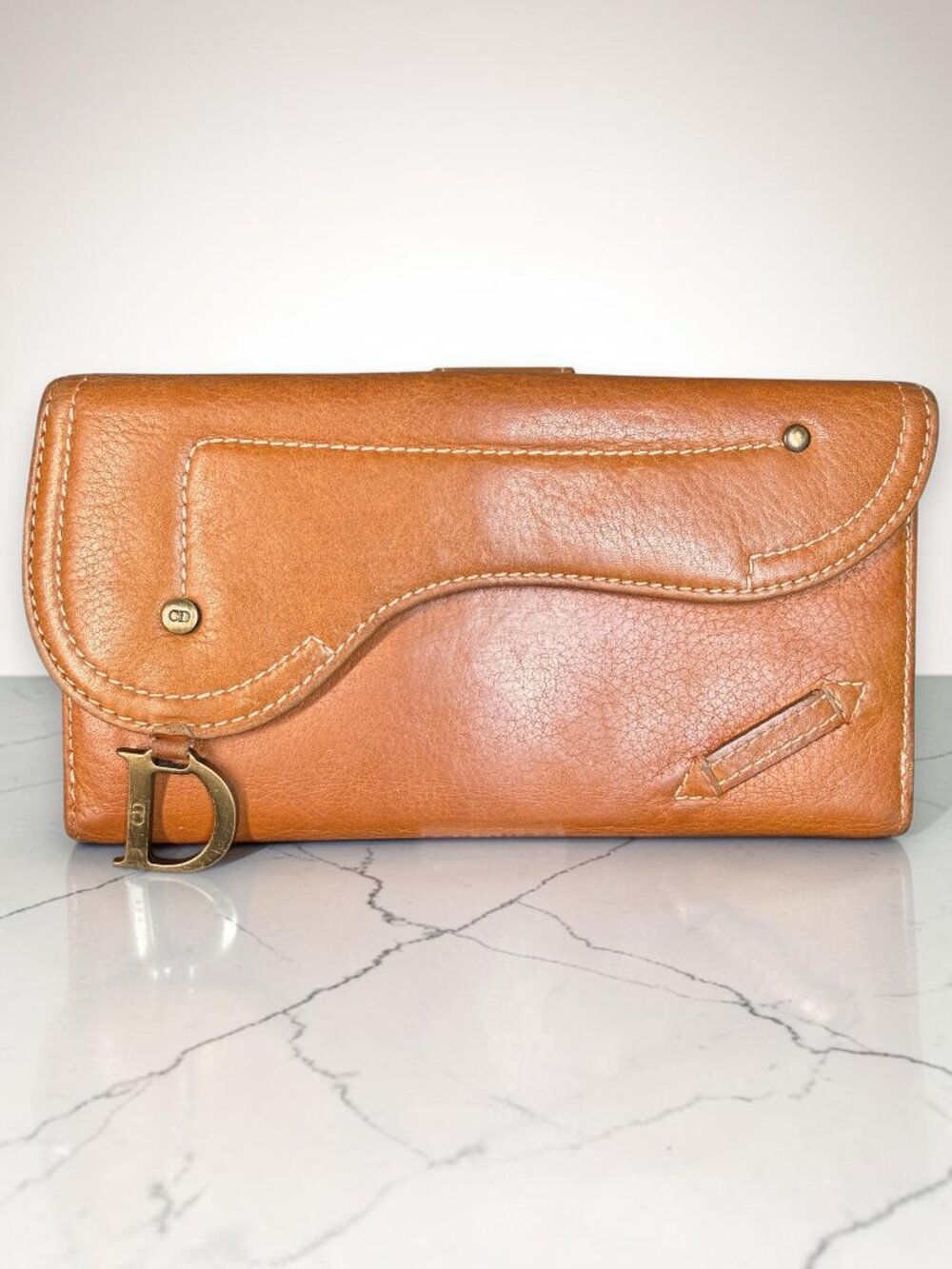 Christian Dior Vintage Saddle Continental Wallet w/ Signature D Logo Charm & COA